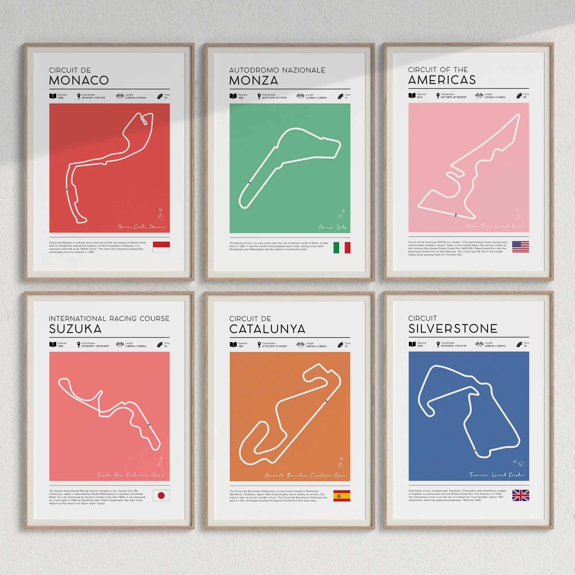 Set of 6 formula 1 race track wall art prints — Monaco, Monza, COTA, Suzuka, Catalunya and Silverstone circuit posters