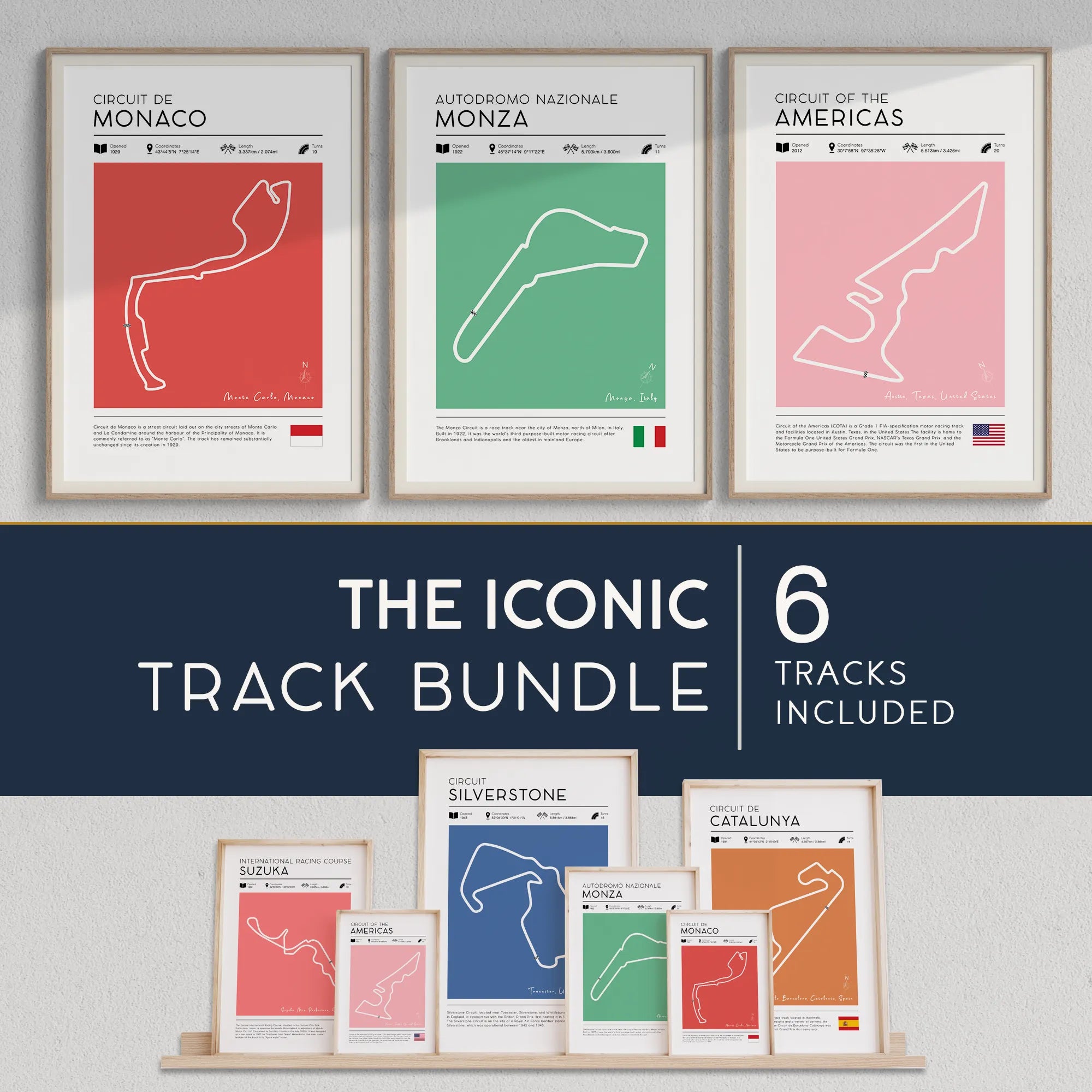 F1 racetrack art prints featuring Monaco, Monza and Circuit of the Americas — instant download formula 1 poster set