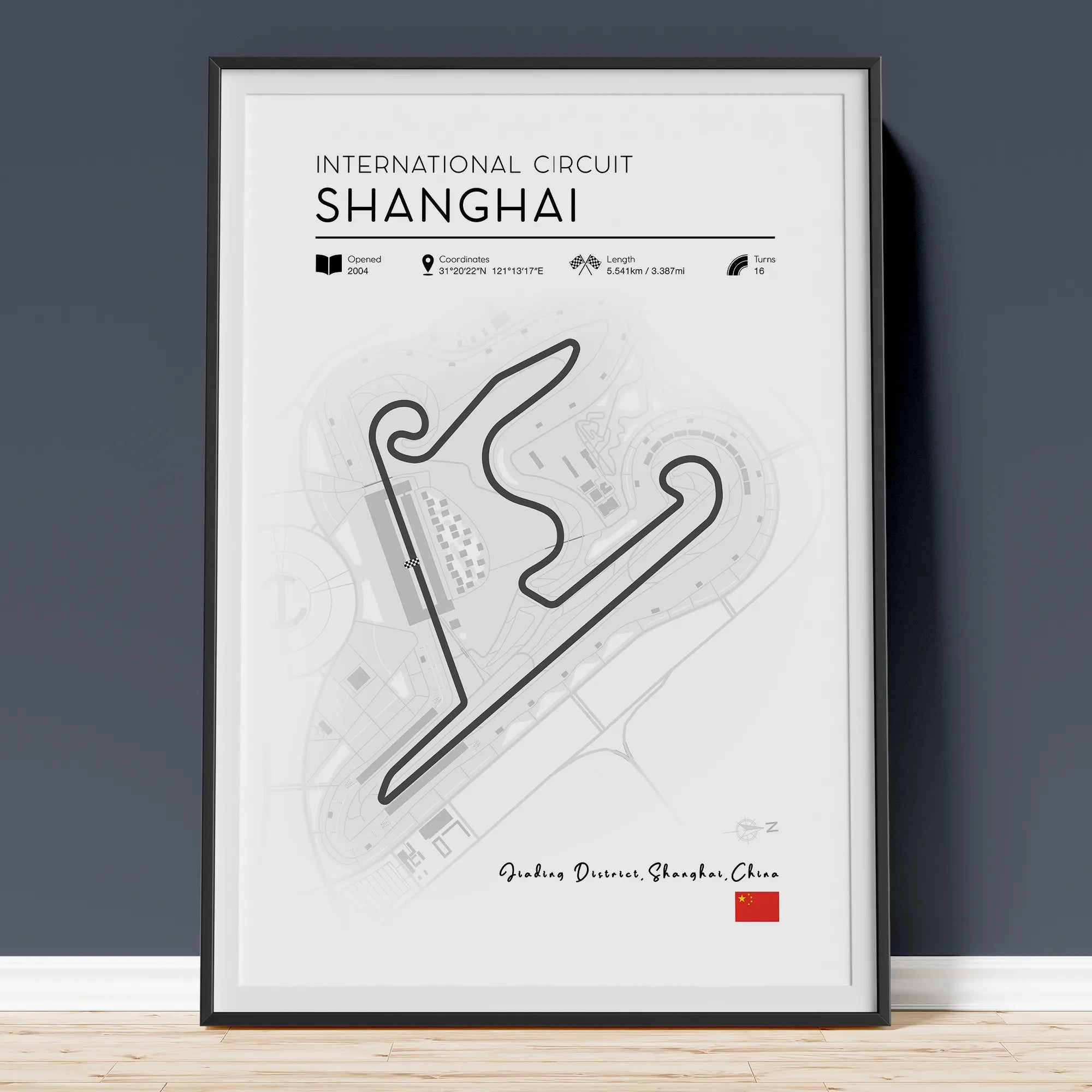 Minimalist Shanghai F1 track poster showing Chinese Grand Prix circuit layout in clean modern design
