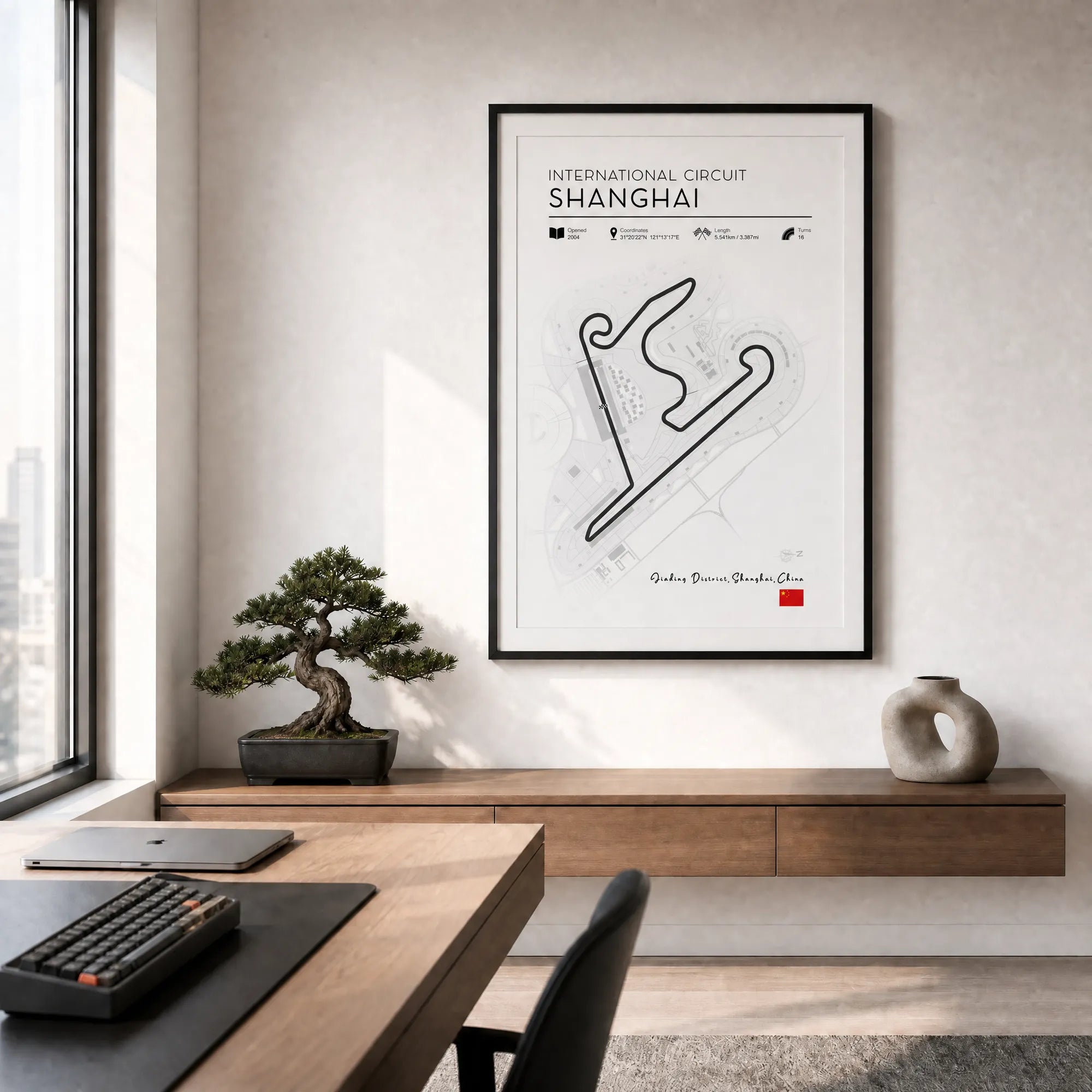 Minimalist Shanghai F1 race track poster, clean motorsport wall art