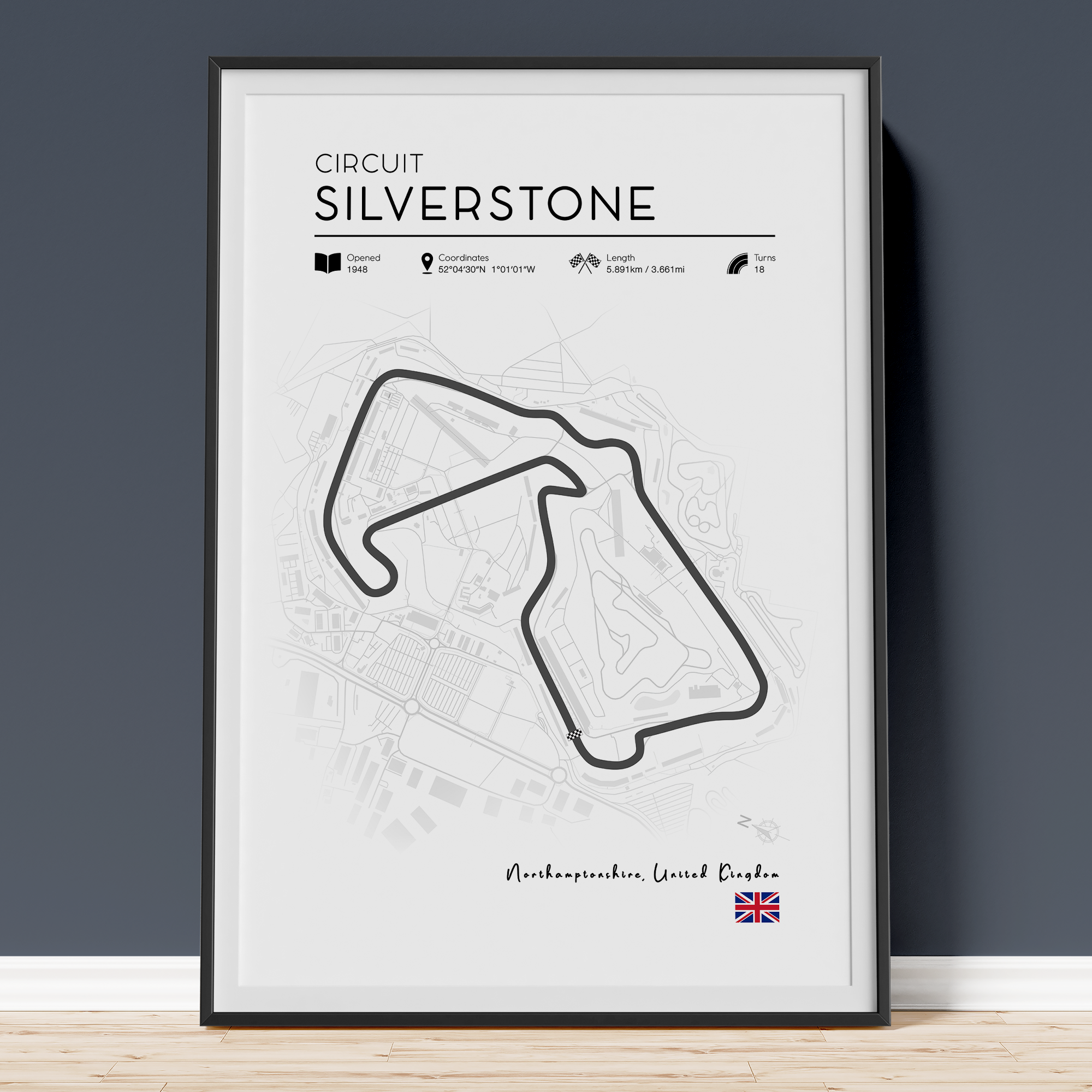 Minimalist Silverstone F1 track poster showing British Grand Prix circuit layout in clean modern design