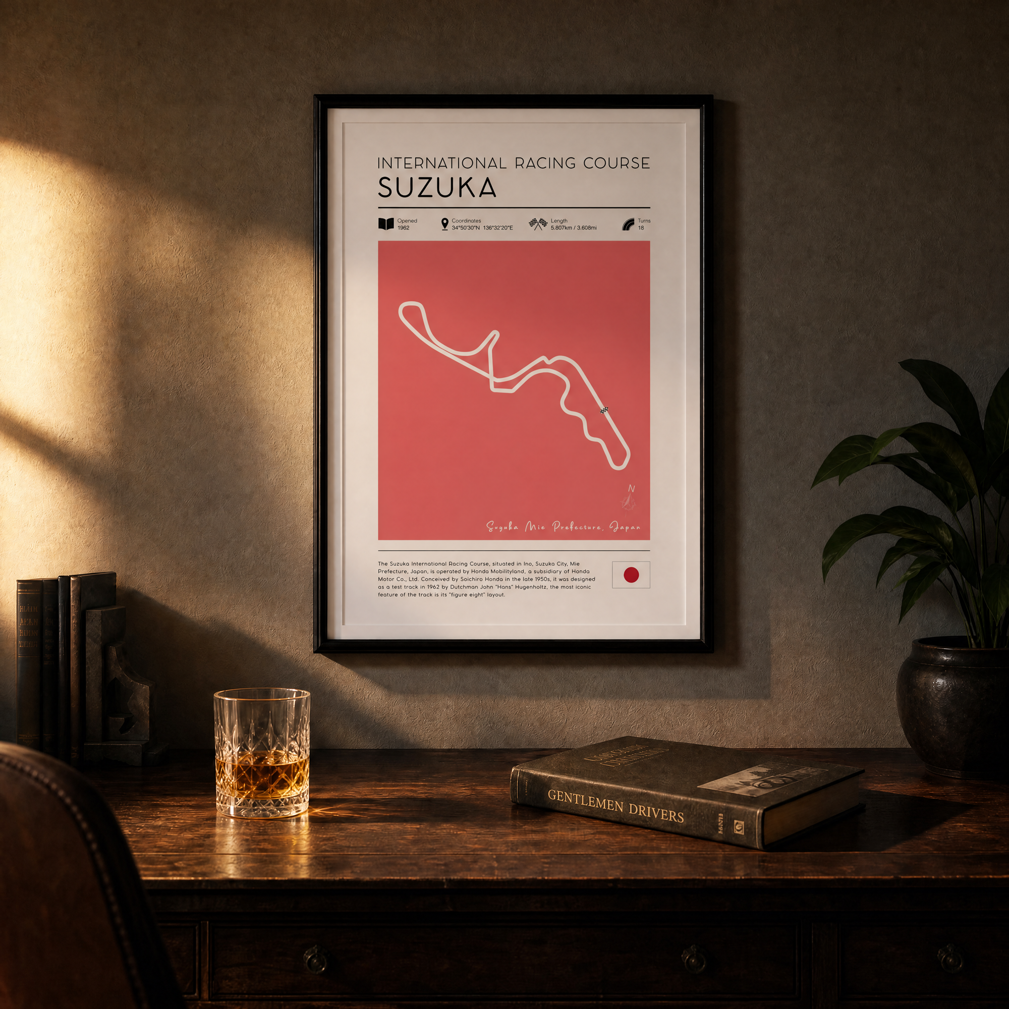 Japanese Grand Prix poster framed above desk. Vntage Suzuka F1 race track wall art 