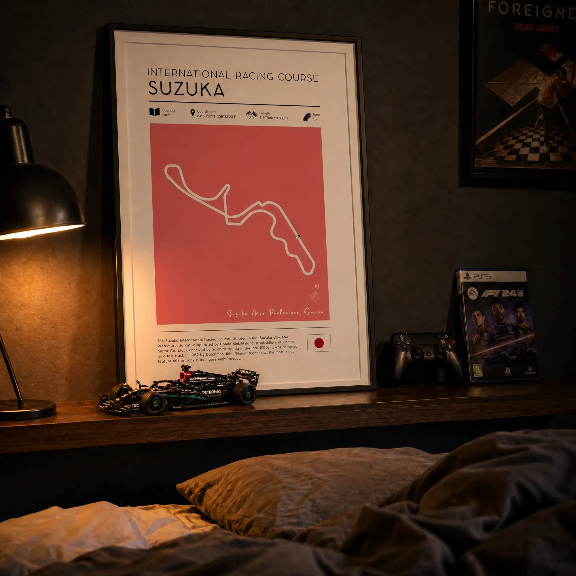 Japanese Grand Prix poster framed in bedroom. Vntage Suzuka F1 race track wall art with F1 car model