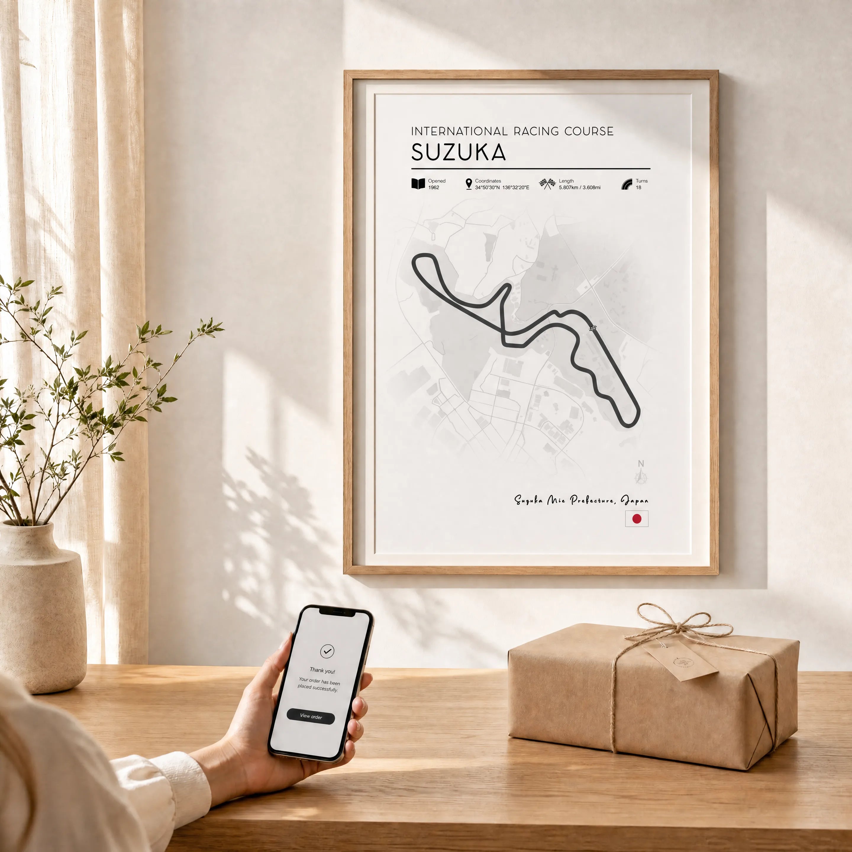 Minimalist Suzuka F1 race track poster, motorsport wall art