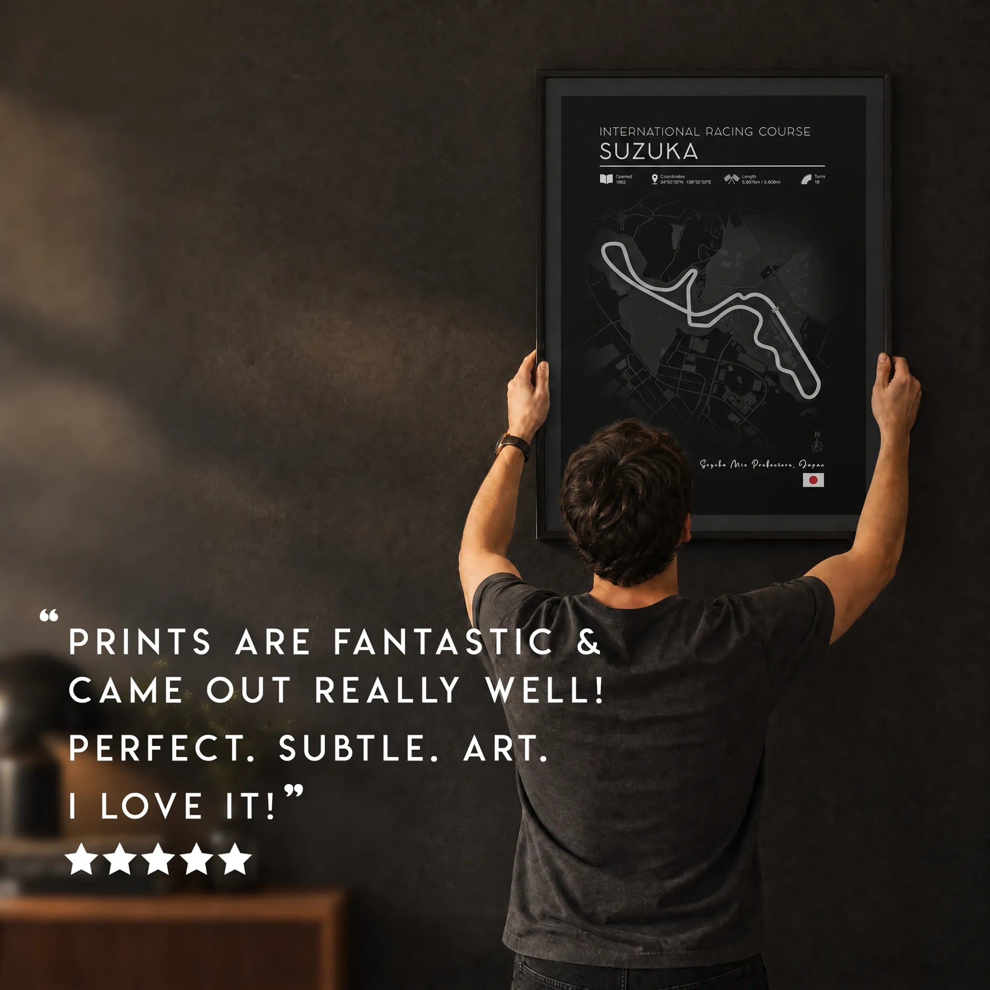 Black edition Suzuka F1 race track poster, high-contrast motorsport wall art with review