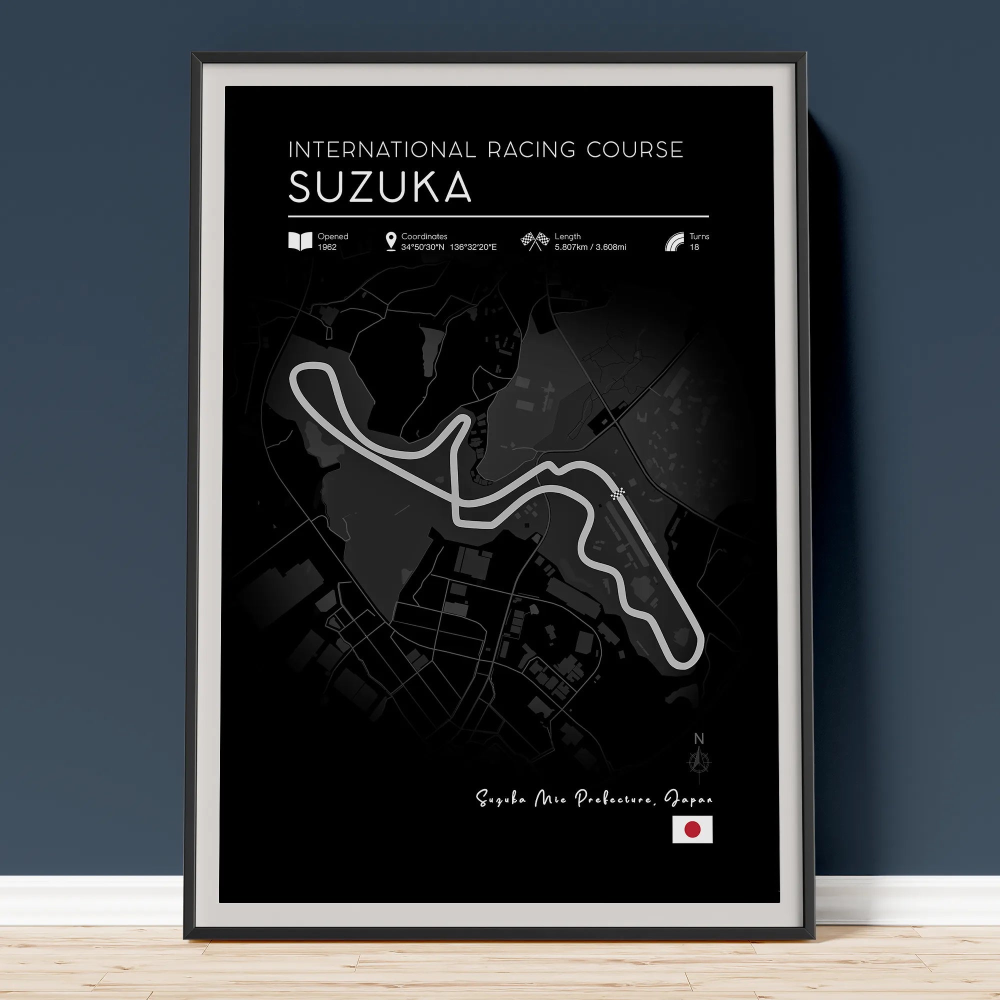 Black Edition Suzuka F1 track poster showing Japanese Grand Prix figure-eight circuit layout in bold modern design