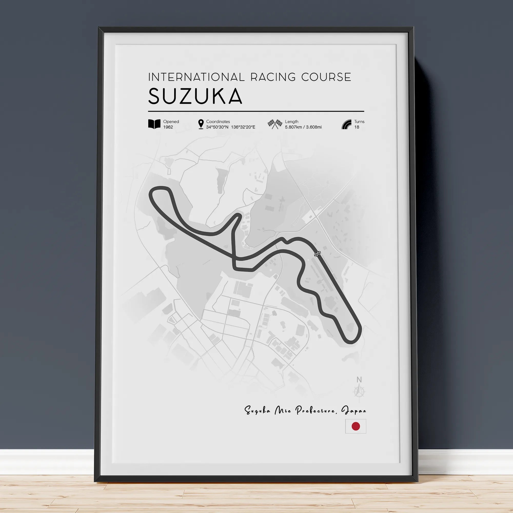 Minimalist Suzuka F1 track poster showing Japanese Grand Prix figure-eight circuit layout with clean modern design
