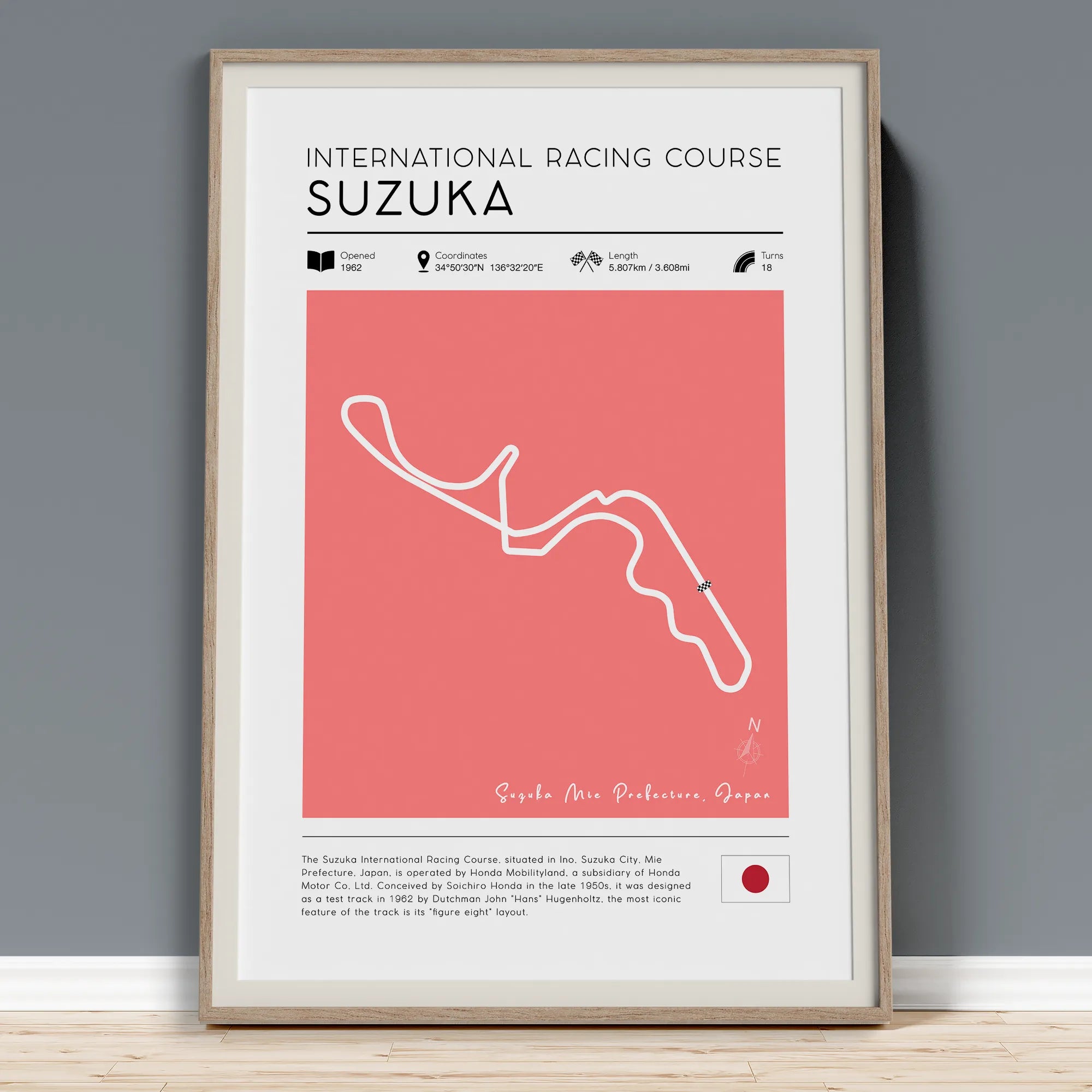 Vintage Suzuka F1 track poster showing Japanese Grand Prix figure-eight circuit layout with track specifications