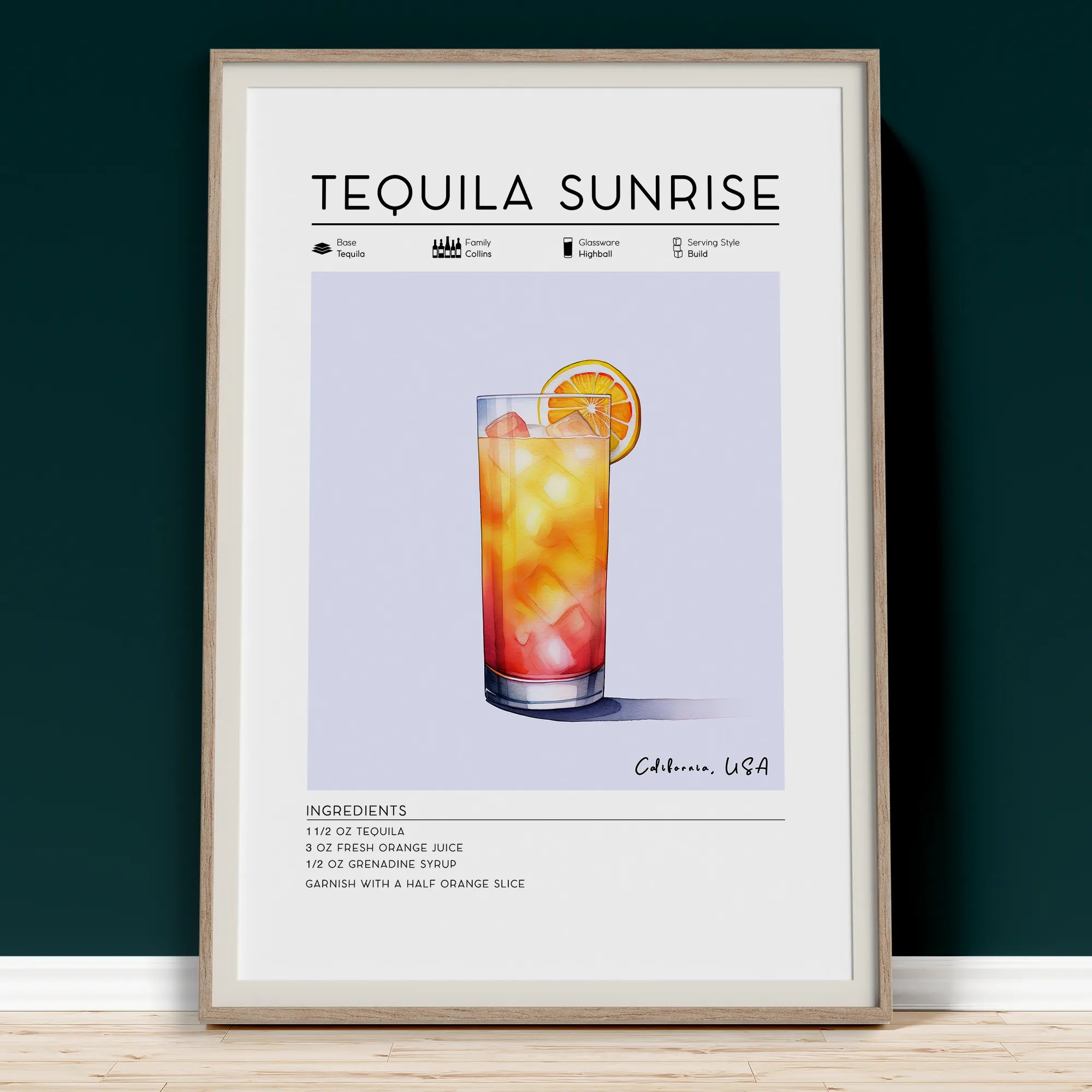 Home bar wall art, Tequila Sunrise poster. Perfect gift for cocktail lover