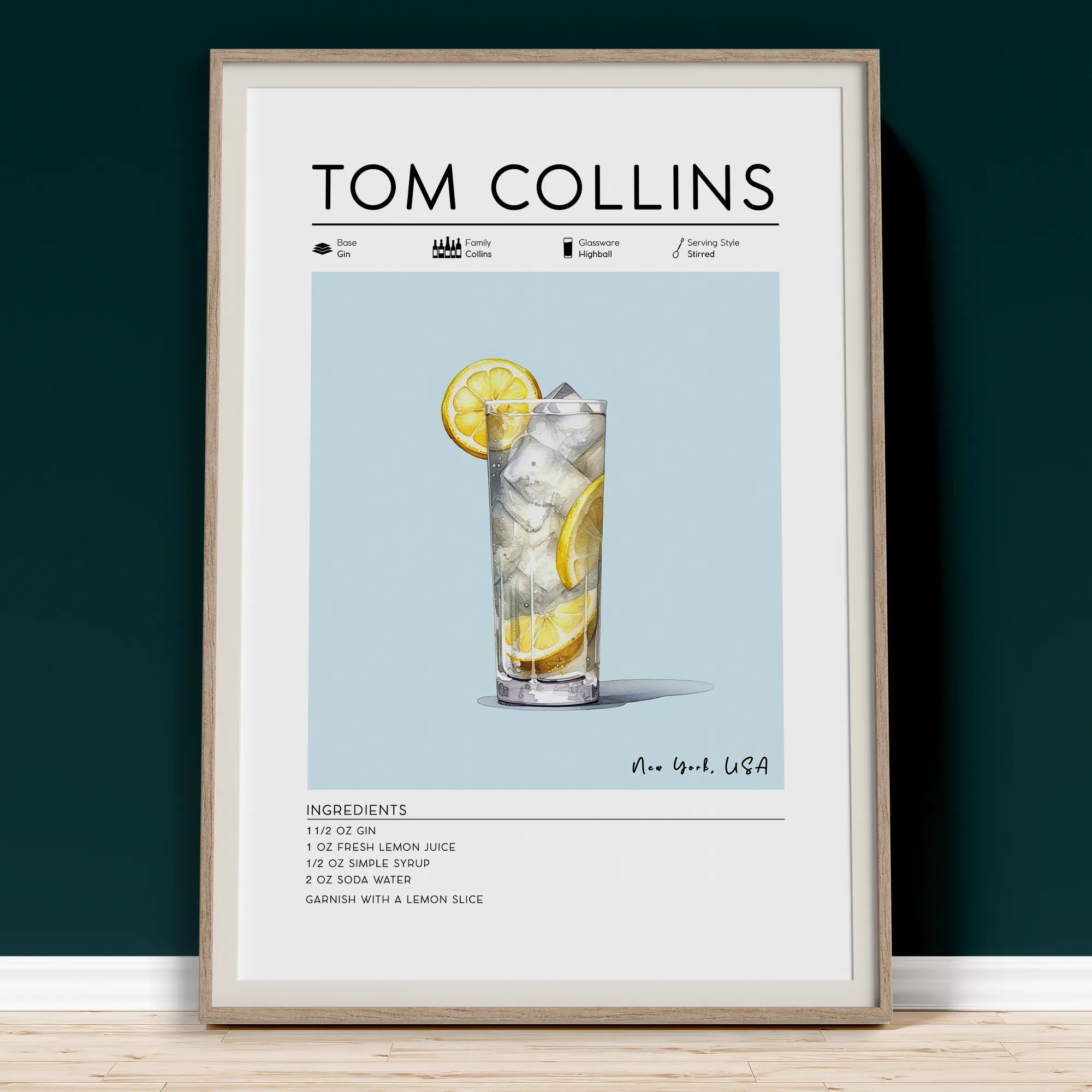 Cocktail wall art, Tom Collins poster, perfect gift for cocktail lover