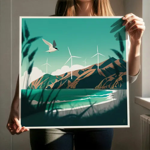 Person holding a framed artwork of a scenic NZ coastal landscape with wind turbines Makara Beach, Wellington