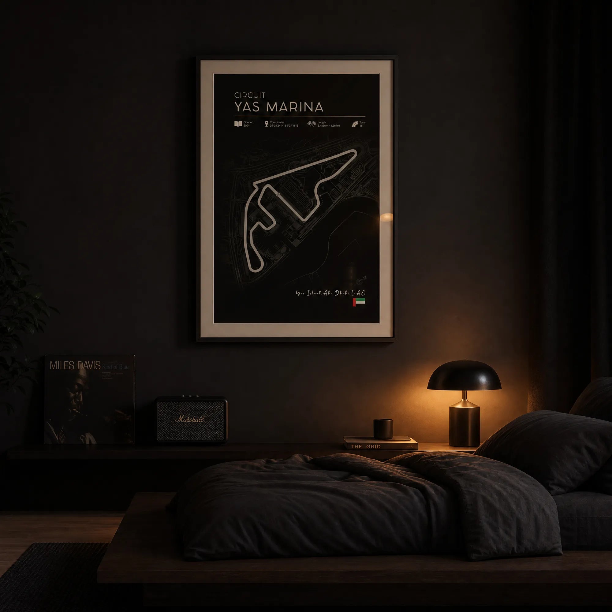 Black Edition Yas Marina F1 race track poster, high-contrast motorsport wall art