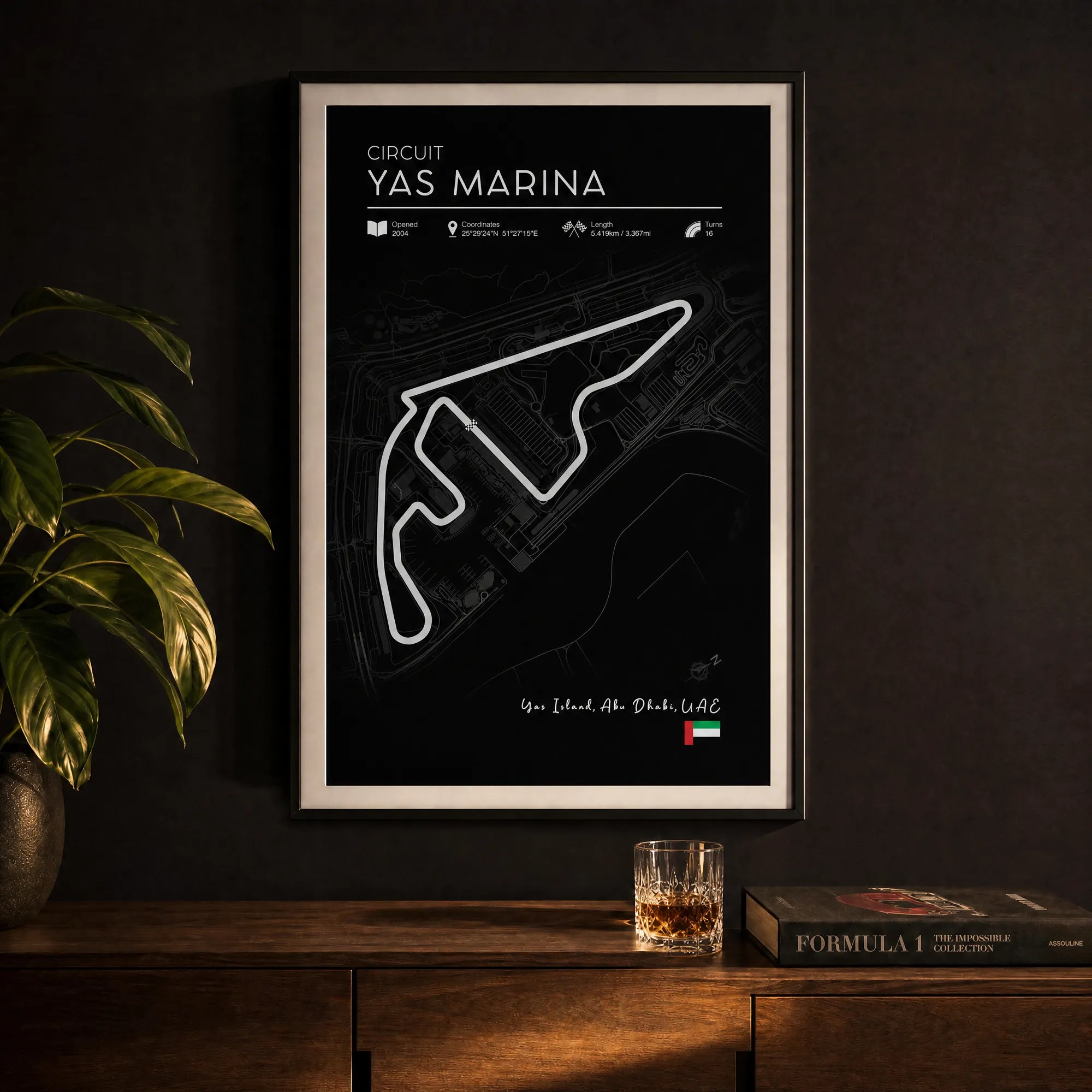 Yas Marina Abu Dhabi Grand Prix race track art displayed as Black Edition formula 1 poster