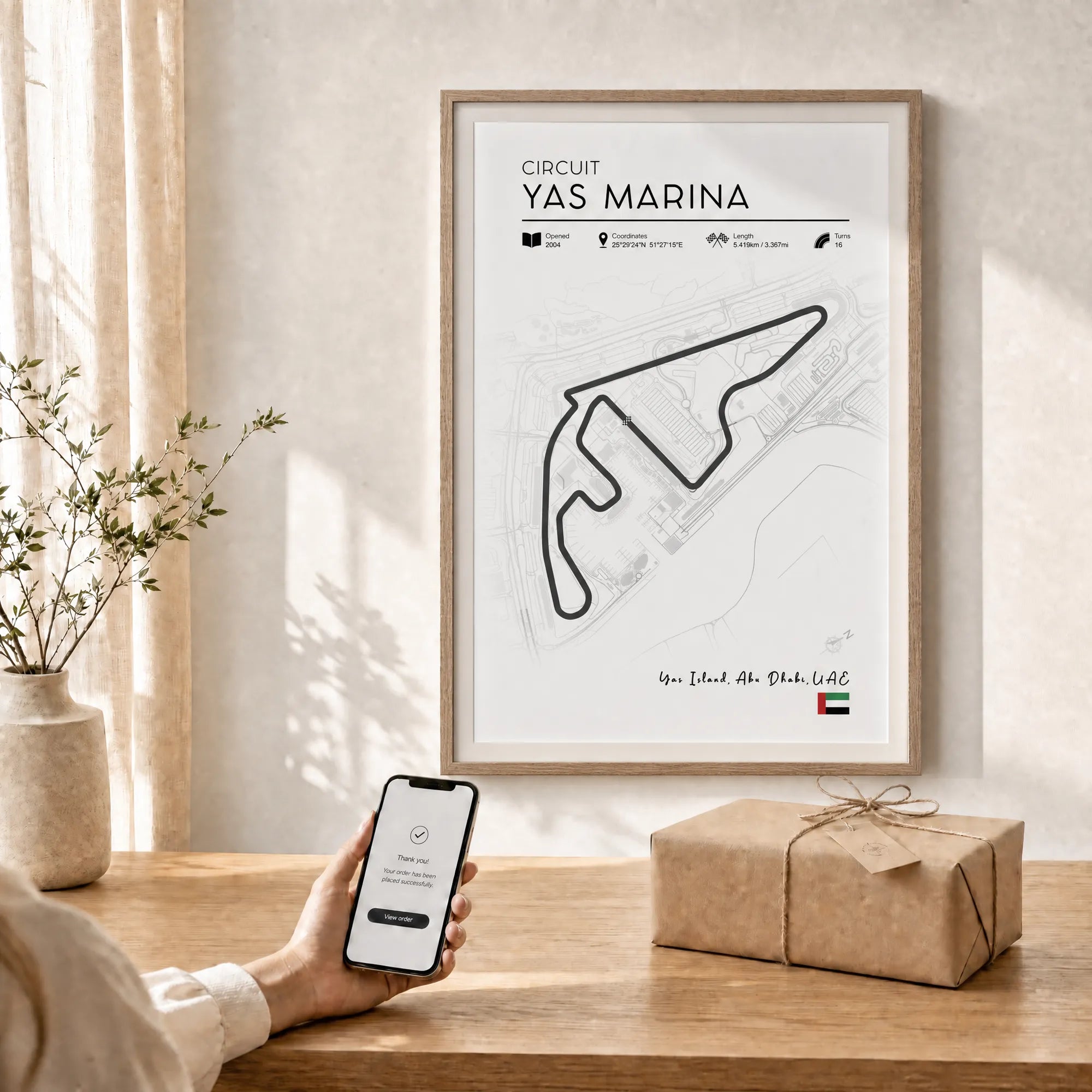 Minimalist Yas Marina F1 race track poster, clean line art motorsport wall art, F1 gifts for him