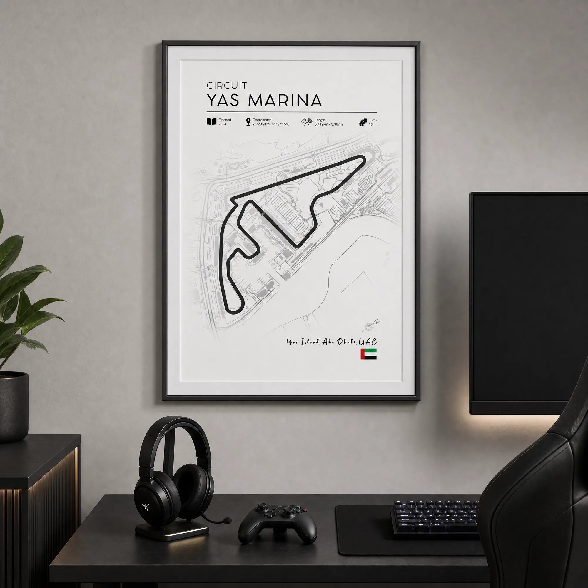Minimalist Yas Marina F1 race track poster, clean line art motorsport wall art