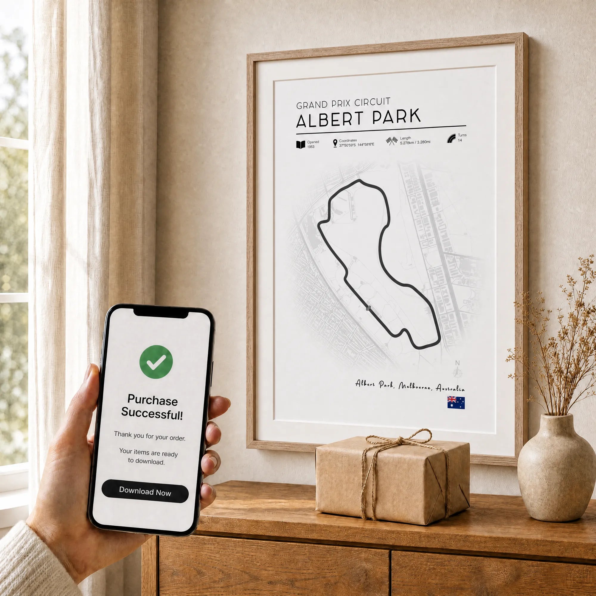 F1 racing gifts, Minimalist Albert Park F1 race track poster, clean line art motorsport wall art