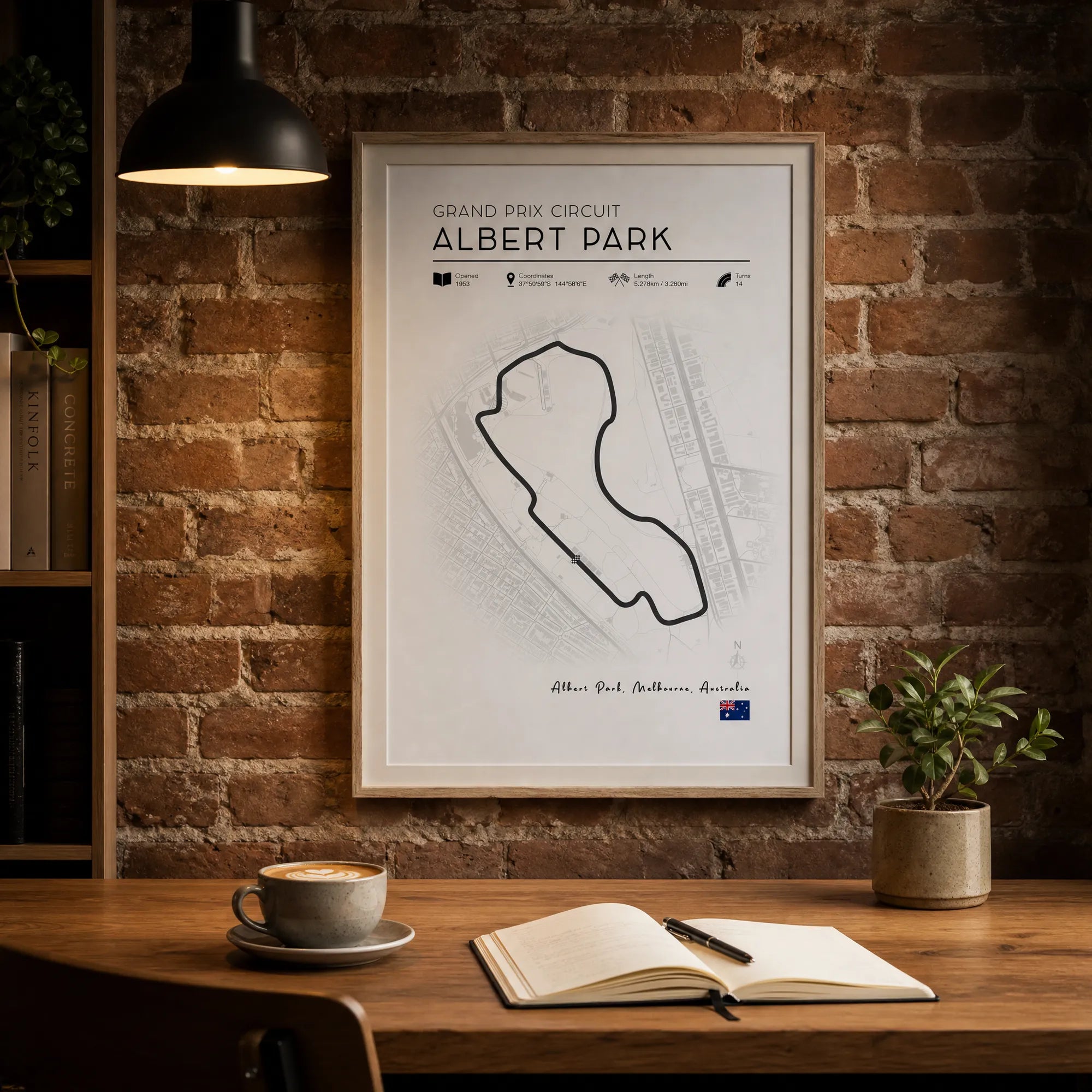 Minimalist Albert Park F1 race track poster, clean line art motorsport wall art
