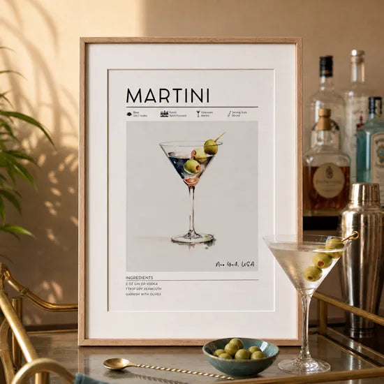 Cocktail poster print, hand-drawn cocktail recipe wall art for home bar