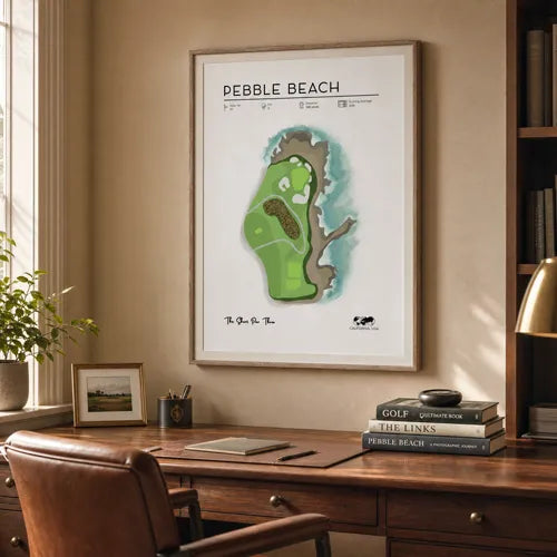 Golf Poster above office design featuring Pebble Beach Hole 7