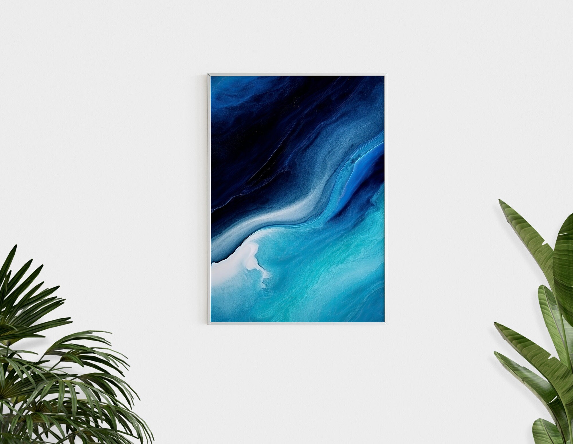 Fluid Art Painting, Abstract Ocean 1 - Turquoise, Indigo Blue & White Blended Color Art Print