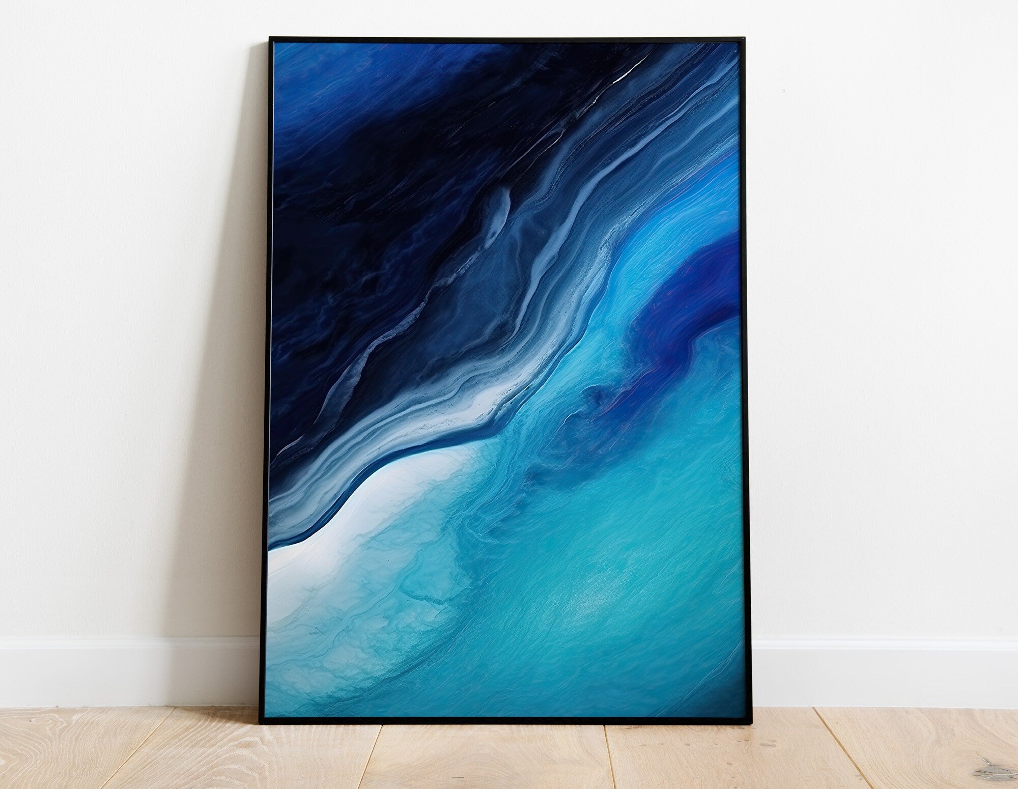 Fluid Art Painting, Abstract Ocean 2 - Turquoise, Indigo Blue & White Blended Color Art Print