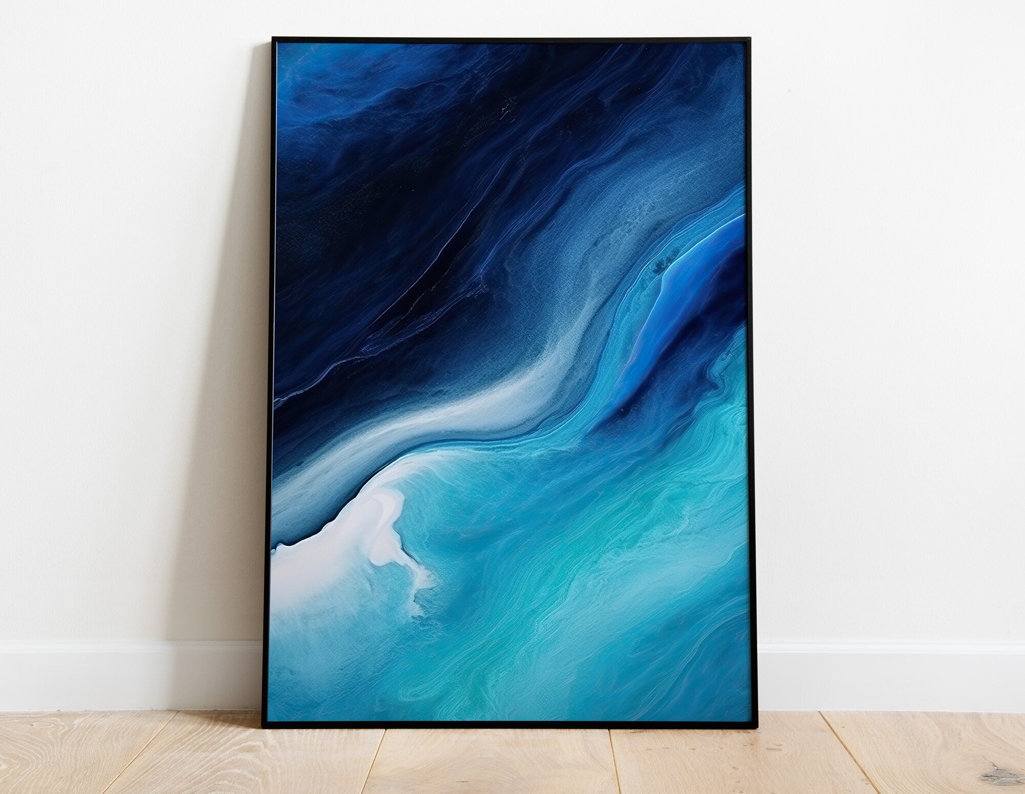 Fluid Art Painting, Abstract Ocean 1 - Turquoise, Indigo Blue & White Blended Color Art Print