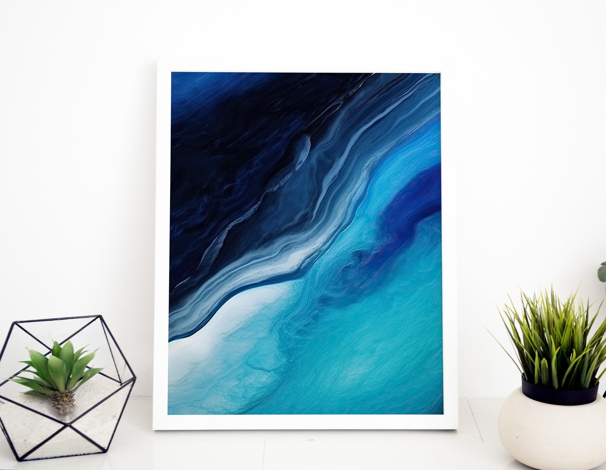 Fluid Art Painting, Abstract Ocean 2 - Turquoise, Indigo Blue & White Blended Color Art Print