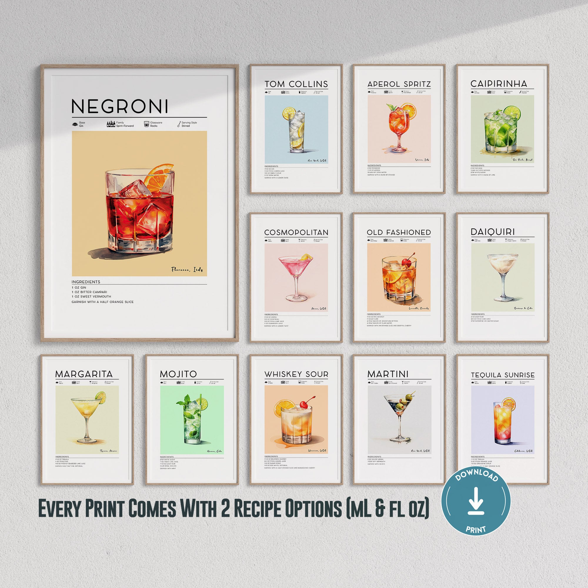 Bar Cart Art, Set of 12 Cocktail Posters