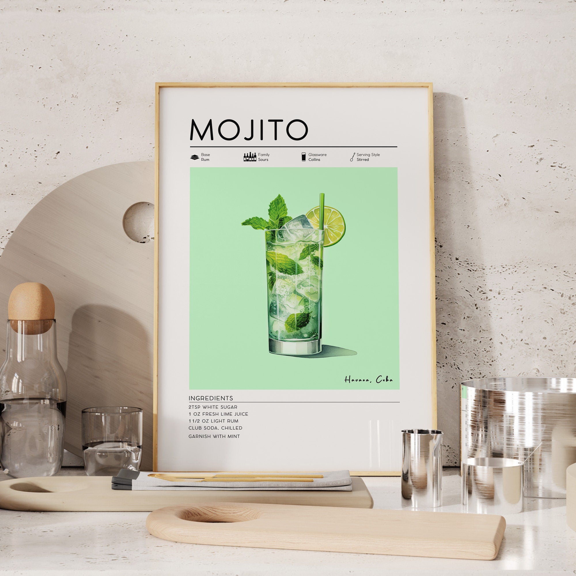 Set of 3 Summer Cocktail Posters, Mojito, Tom Collins, Tequila Sunrise Prints