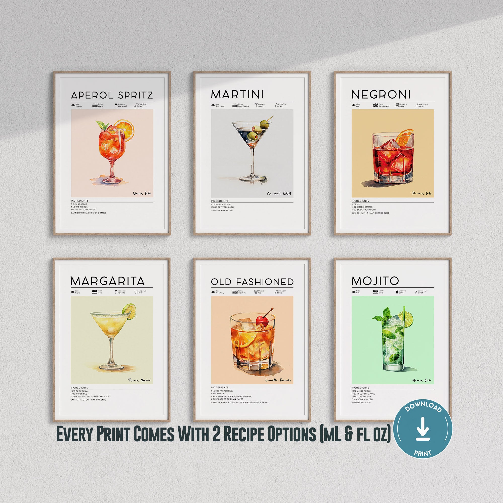 Set of 6 Cocktail Posters, Aperol Spritz Print, Martini Print, Negroni, Margarita, Mojito, Old Fashioned