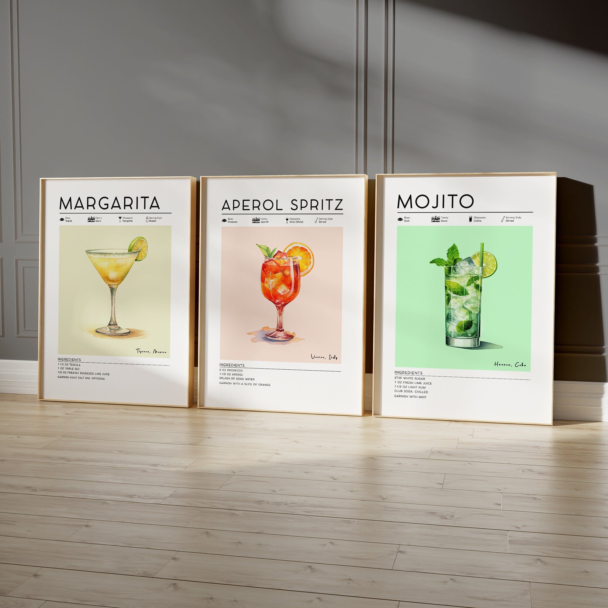 Set of 3 Cocktail Posters, Aperol Spritz, Margarita, Mojito