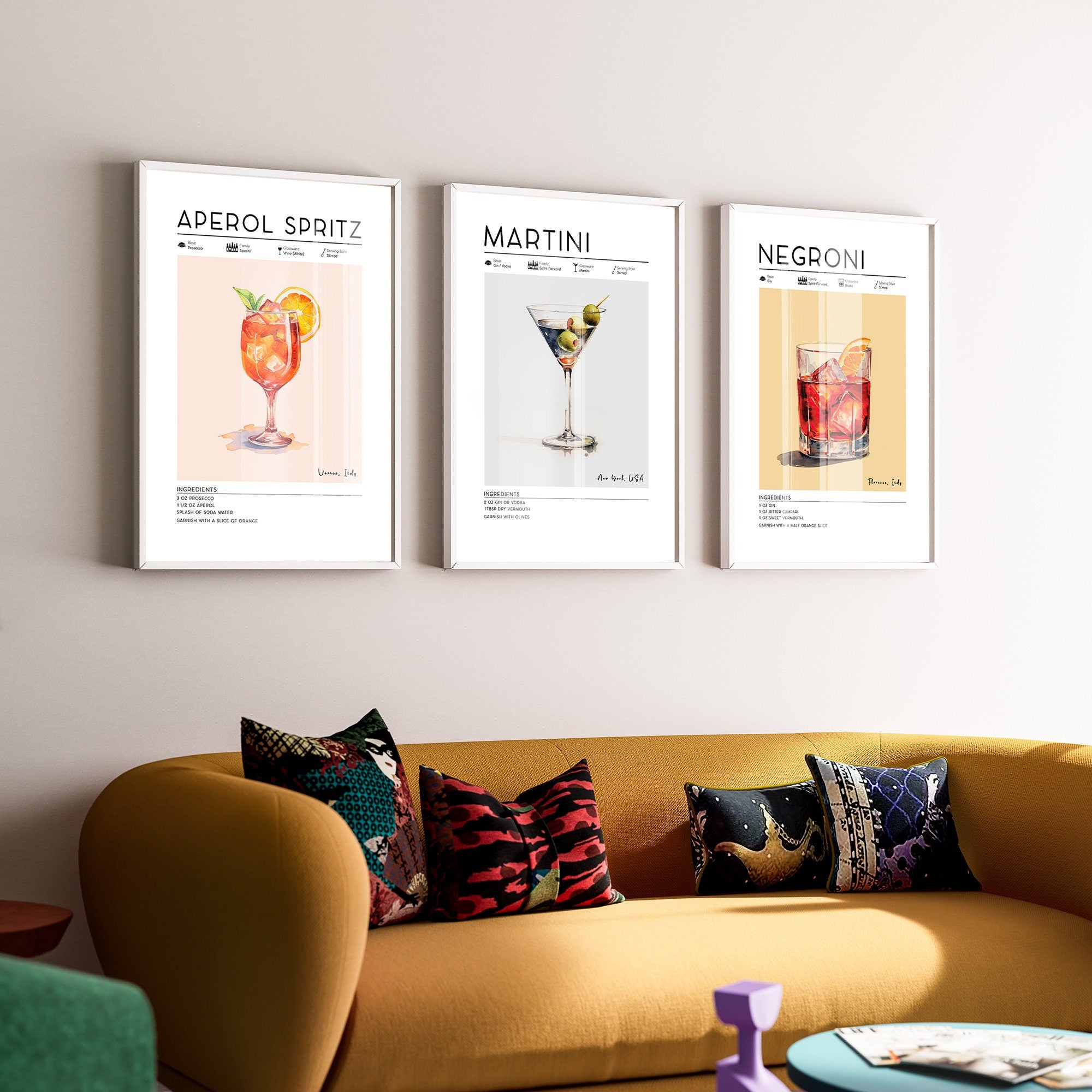 Set of 3 Cocktail Posters, Aperol Spritz, Negroni, Martini