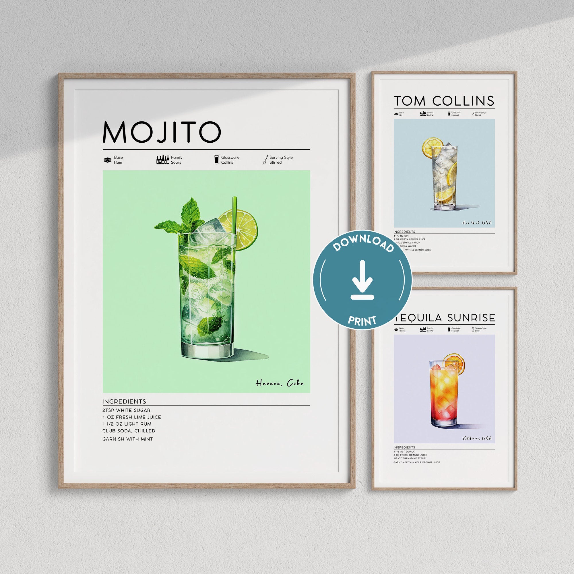 Set of 3 Summer Cocktail Posters, Mojito, Tom Collins, Tequila Sunrise Prints