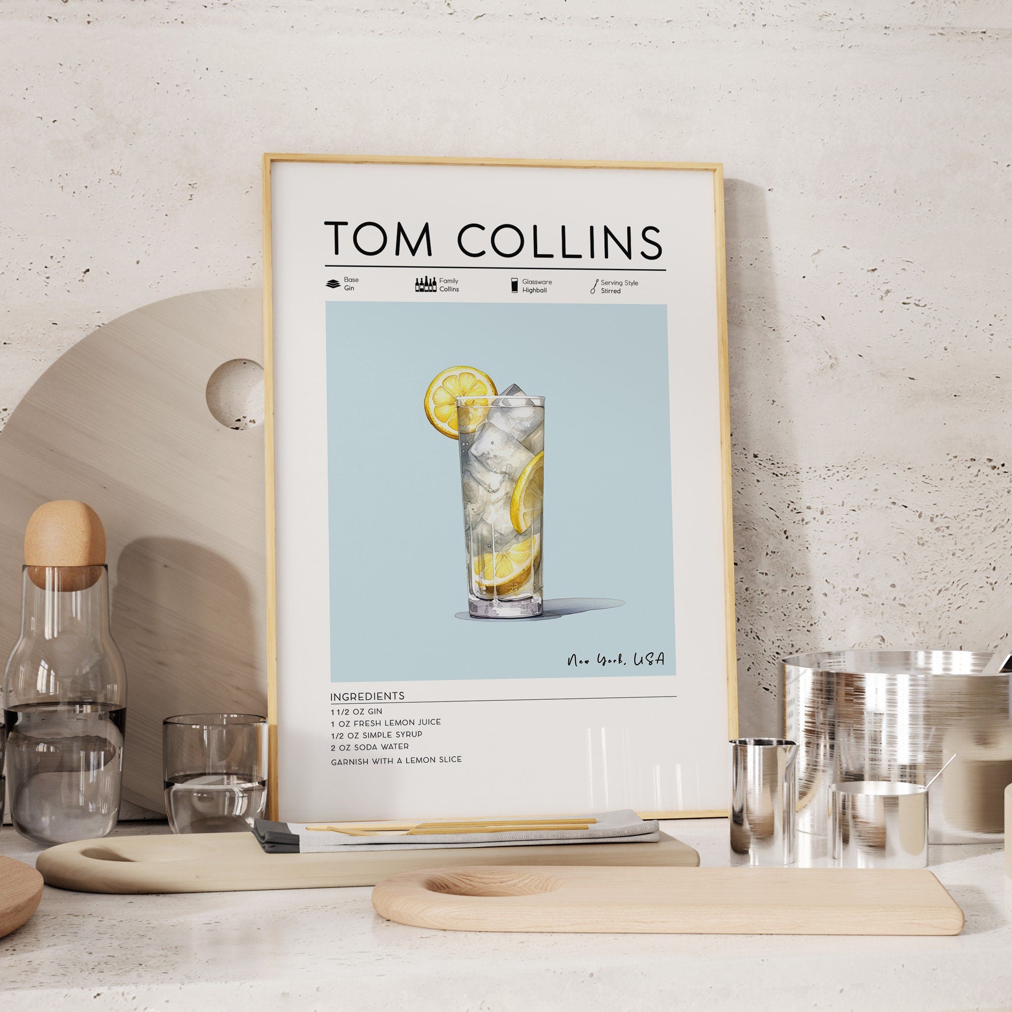 Set of 3 Summer Cocktail Posters, Mojito, Tom Collins, Tequila Sunrise Prints