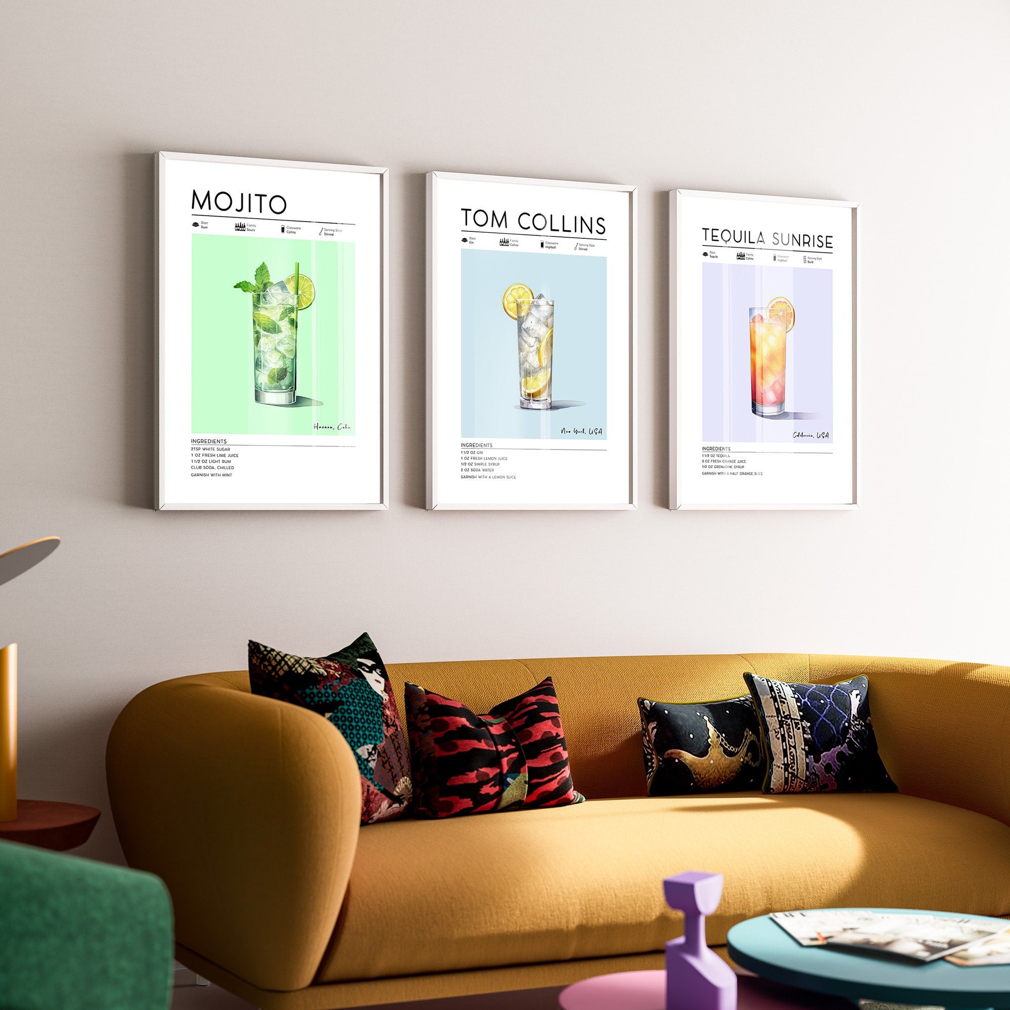 Set of 3 Summer Cocktail Posters, Mojito, Tom Collins, Tequila Sunrise Prints