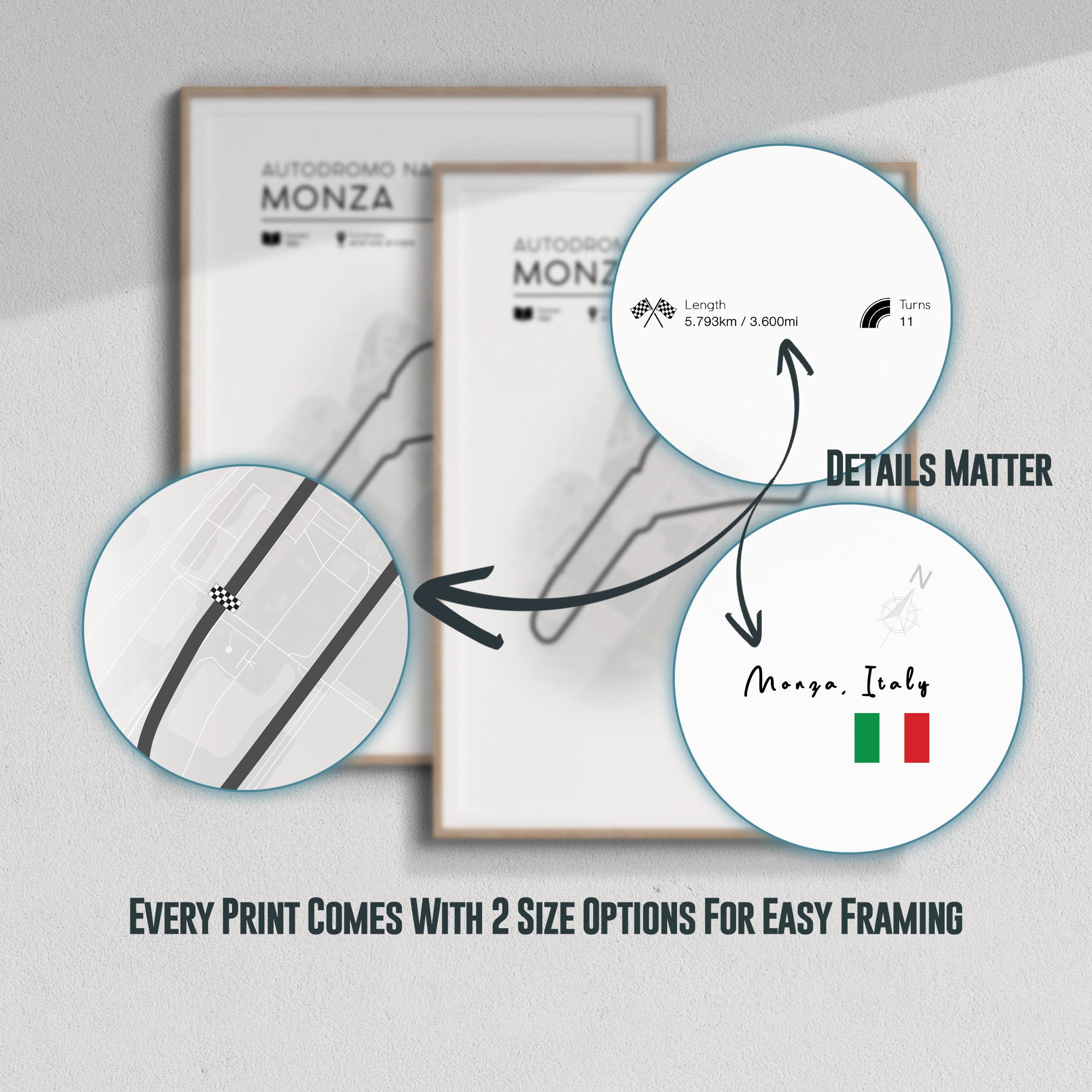 Close up details of F1 Circuit Map print, Monza Italy 