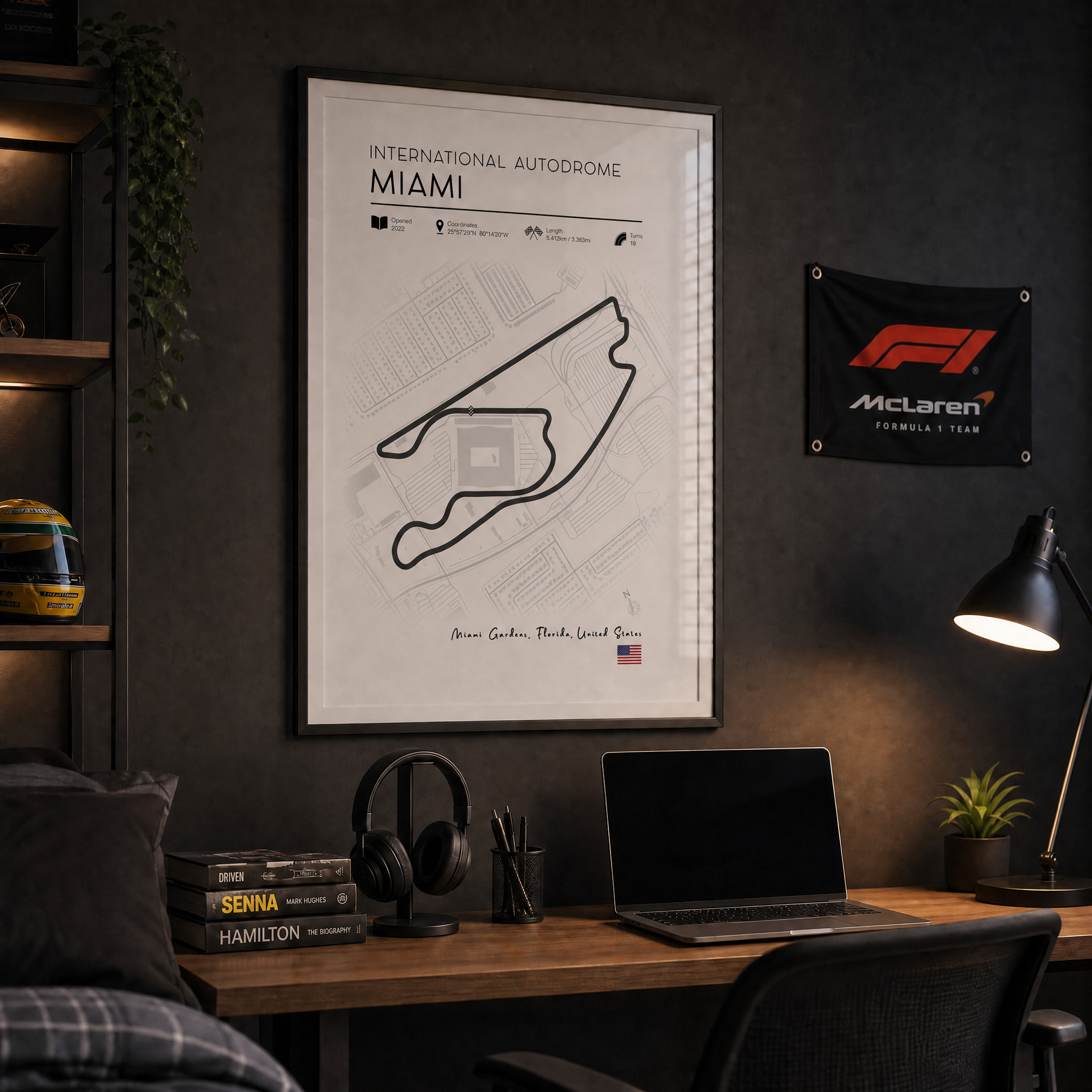 Minimalist Miami International Autodrome F1 race track poster, clean line art motorsport wall art
