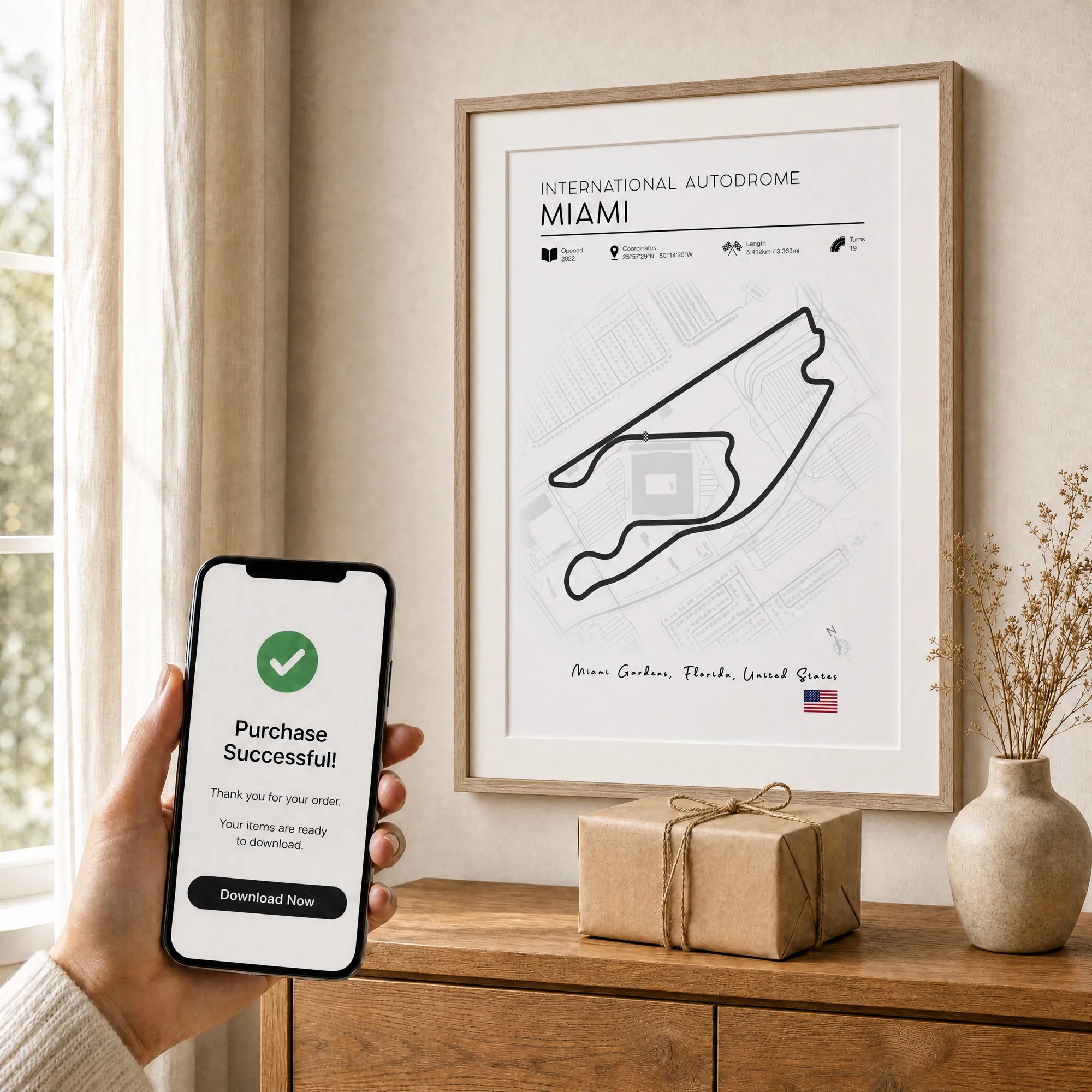 F1 racing gifts, Miami Grand Prix race track art displayed as Minimalist Formula 1 poster