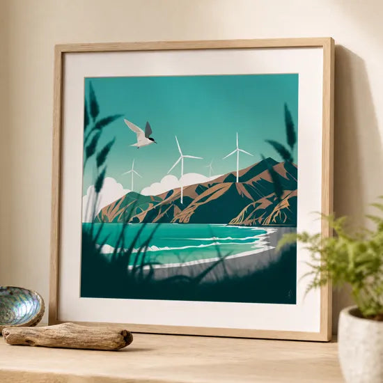 New Zealand landscape art print, hand-drawn Aotearoa coastal wall art poster