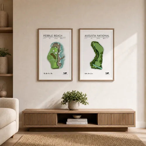 two golf posters in living room, golf art for sale